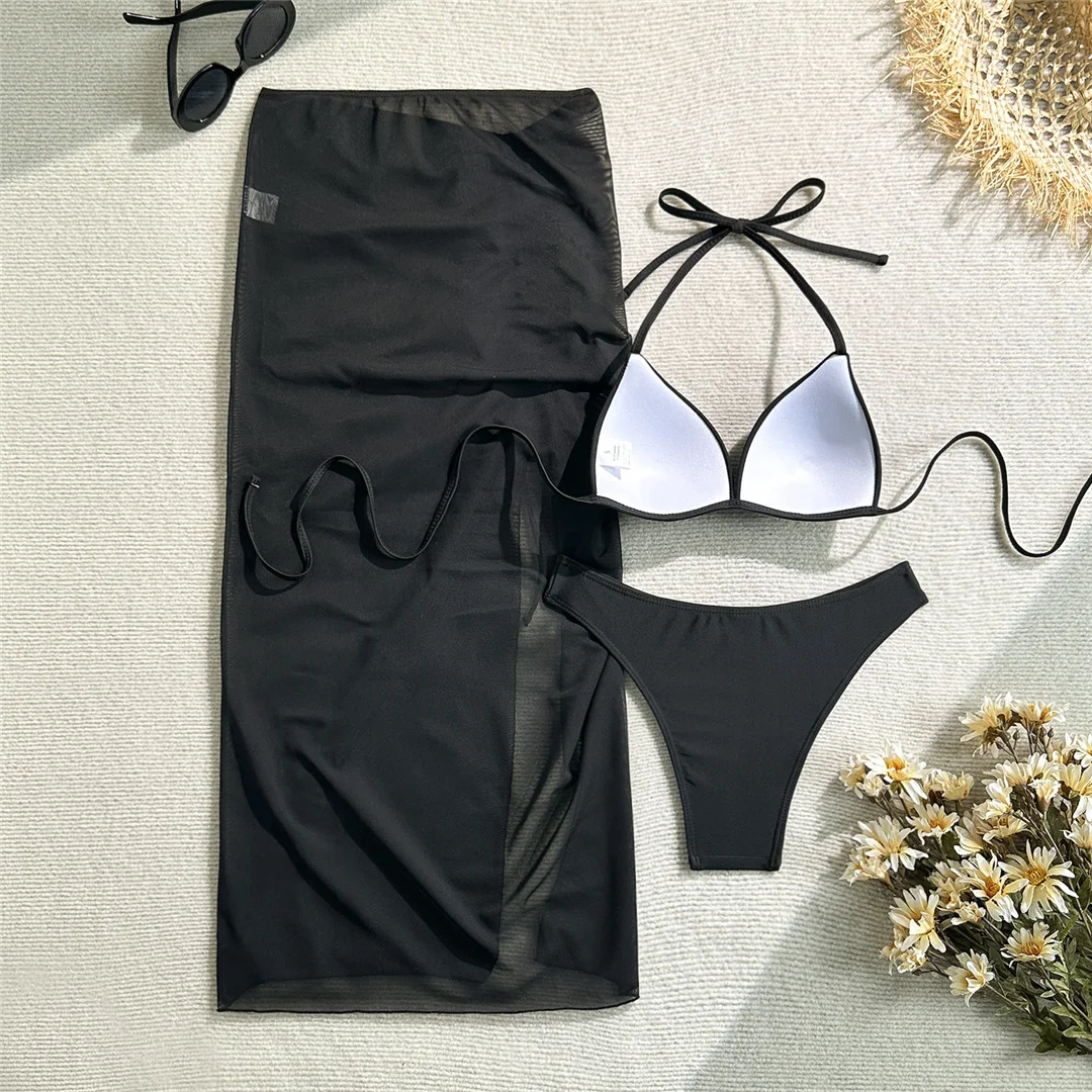 Mit Rock, Neckholder-Bikini, Damen-Badeanzug, dreiteiliges Bikini-Set, brasilianischer BH, Badebekleidung, Badeanzug, Schwimmbekleidung V7650 – Detail 15