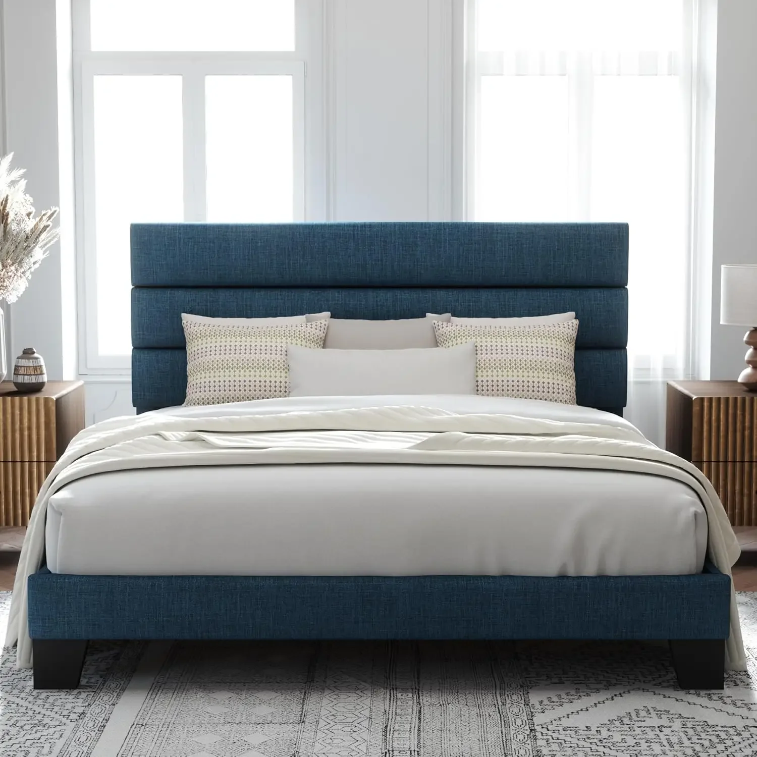 

King Size Platform Bed Frame with Fabric Upholstered Headboard and Wooden Slats Support, Fully Upholstered Mattress Foundation/N