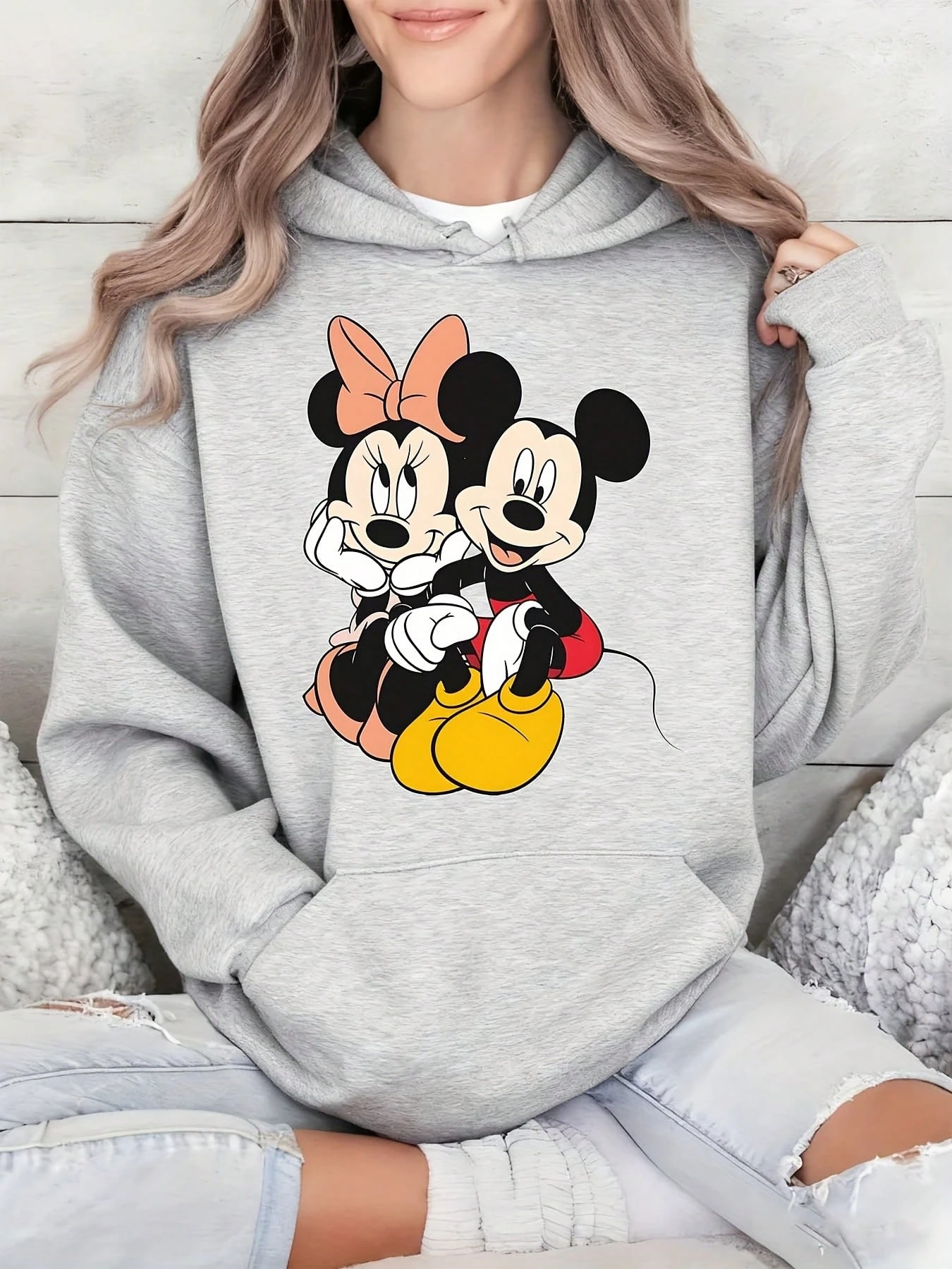 

Женская толстовка с капюшоном Disney с изображением Микки и Минни, унисекс, осенне-зимняя флисовая толстовка с капюшоном для повседневного использования на открытом воздухе, для любого случая