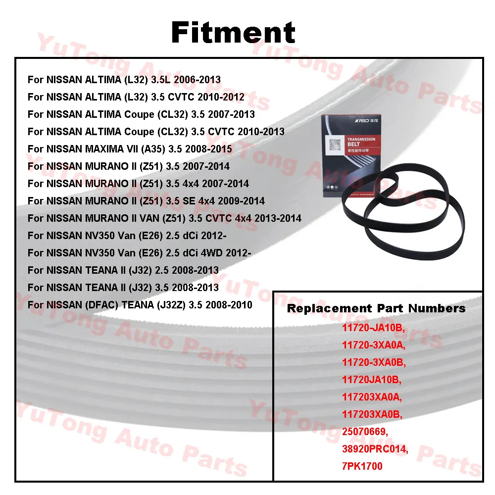 Engine V-Ribbed Belt For NISSAN ALTIMA L32 3.5L 2007-2012 MAXIMA A35 MURANO II Z51 NV350 Van TEANA J32 Accessories 11720JA10B