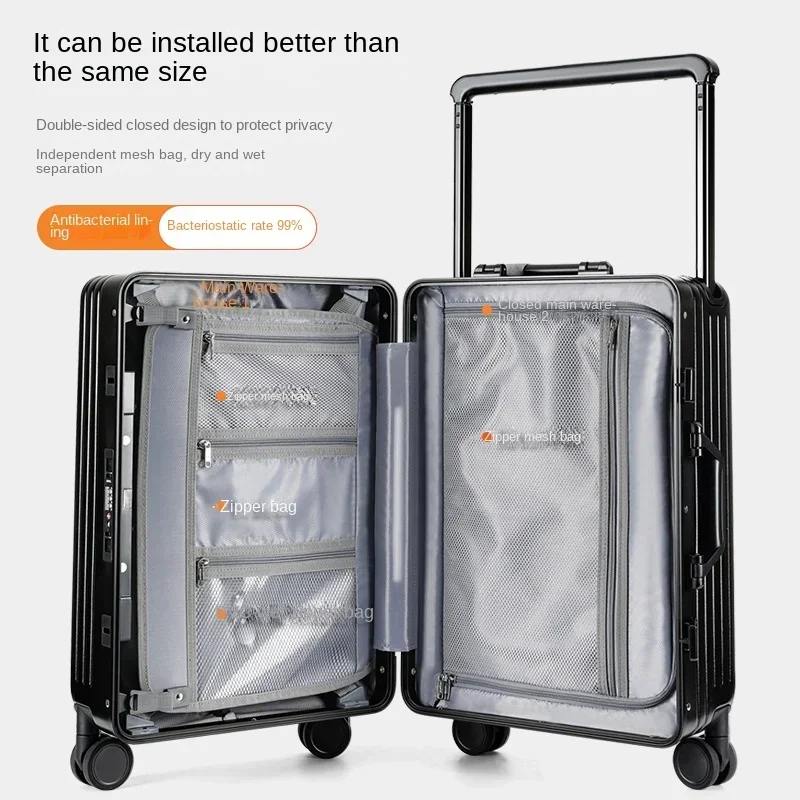 20 24 26 Inch Trolley Suitcase Luggage Universal Wheels Front Open Business Travel Rechargeable Boarding Aluminum Frame Box