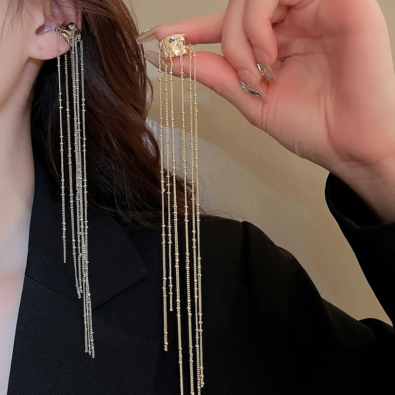 Unregelmäßige metallische C-förmige Clip-Ohrringe für Frauen, lange Kette, Quaste, Ohrknochen-Clips, coole Statement-Punk-Ohrmanschette, nicht durchdringend, D