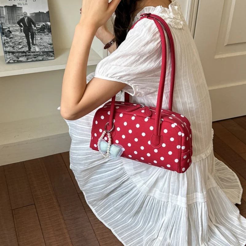 2026 New Polka Dot Mini Boston Shoulder Bag, Elegant Women Long Handle Underarm Handbag With Bow Pearl Pendant For Spring Daily view 5