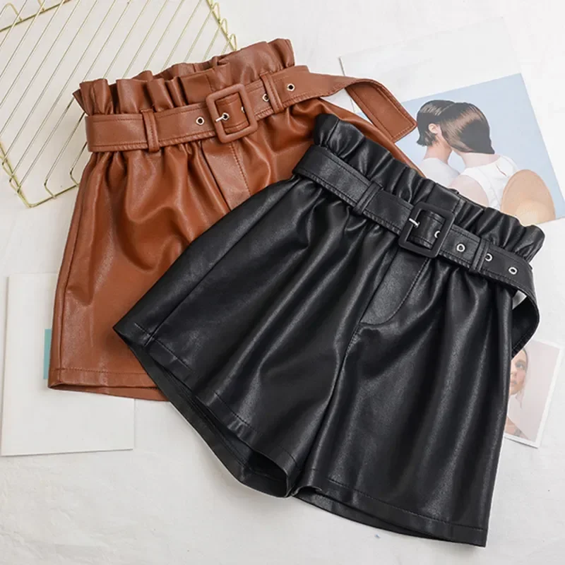 Women Chic Fashion Faux Leather Shorts Vintage High Waist Female Shorts All-Match Solid Color Loose Casual Pants