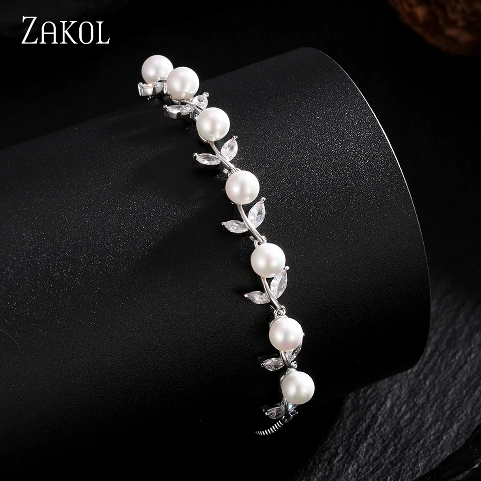 ZAKOL Classic Fashion Leaf Design Imitation Pearl Women's Zircon Bracelet Exquisite Versatile Charm Wedding Jewelry Accessories