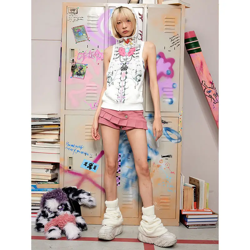 

Американский стильный жилет с капюшоном на молнии с принтом граффити-скелета, облегающий, без рукавов, в стиле Spice Girls, хип-хоп, уличная мода для женщин