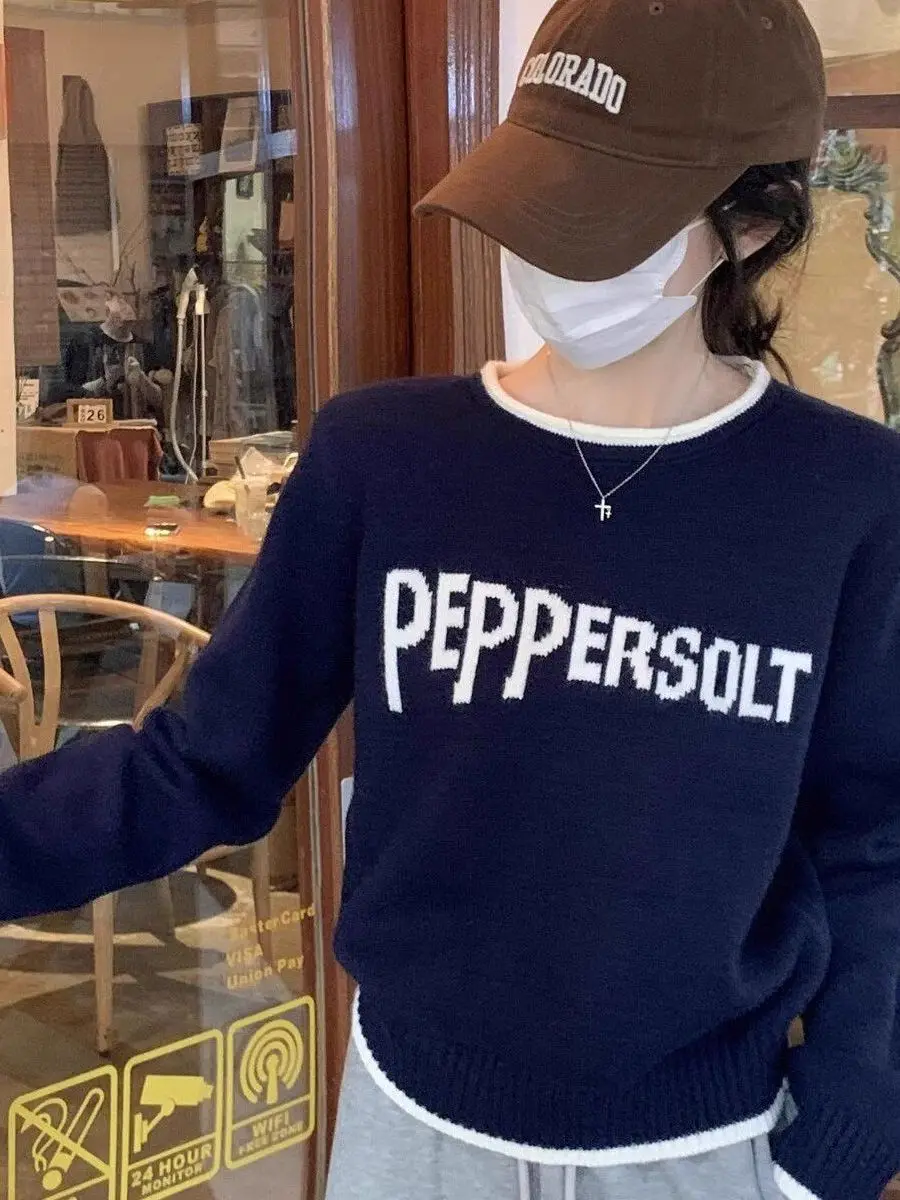 Farbe Blo Letter rund Ne Strickwaren Damen Herbst Winter Faion Inner Wear Top Lazy Sle Long Sve Thiened Pullover