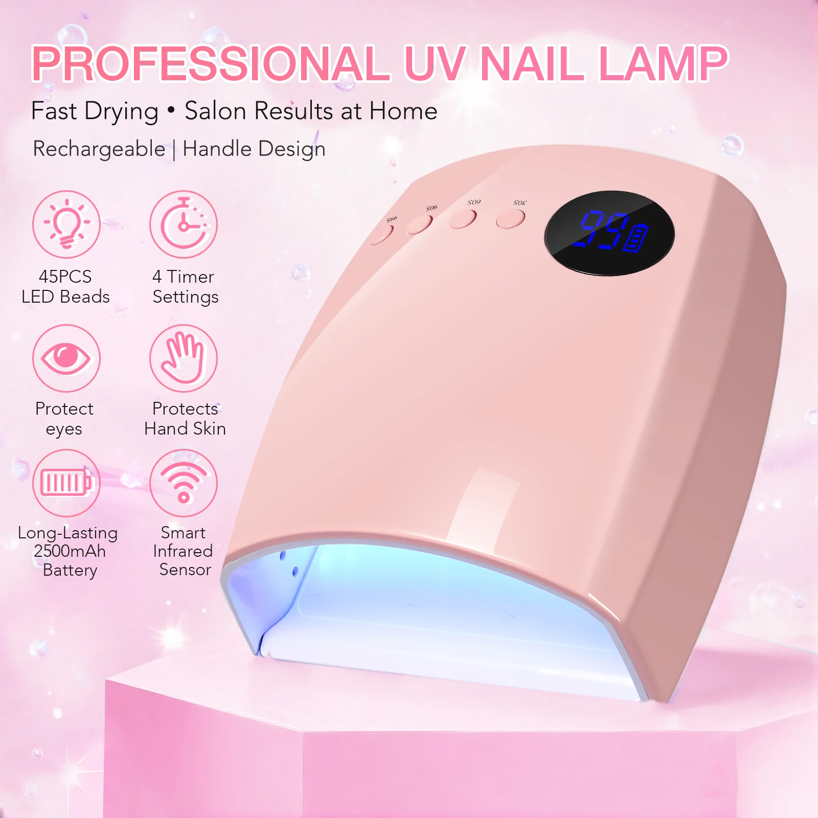45LEDS Nail Lamp Rechargeable Gel Polish Drying Lamp With Smart Sensor & 4 Timer Setting Wireless Nail Drying Lamp Manicure Tool