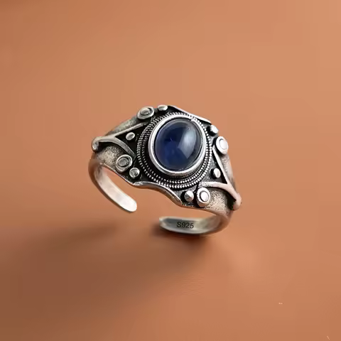 925 Sterling Silver Rings for Women Couple Minimalist Handmade Simple Retro Blue Stone Ring Fine Jewelry Gift Prevent Allergy