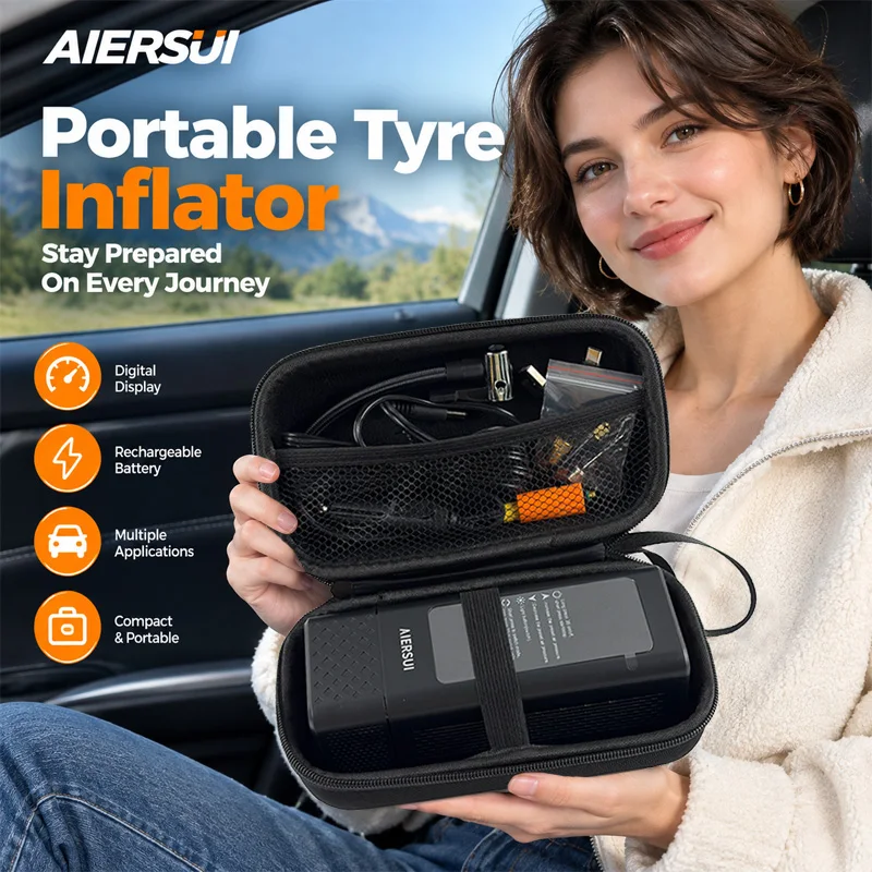 AIERSUI 808 Portable Tire Inflator Air Compressor with LED Light, 150PSI 80W Wireless Air Pump with Hard Storage Case for Car
