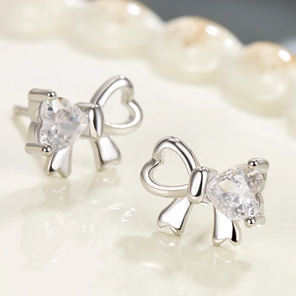 

Cute 925 Sterling Silver Bowknot Cubic Zirconia Austrian Crystal Stud Earring Jewelry for Women Girls Brincos Bijoux Wedding