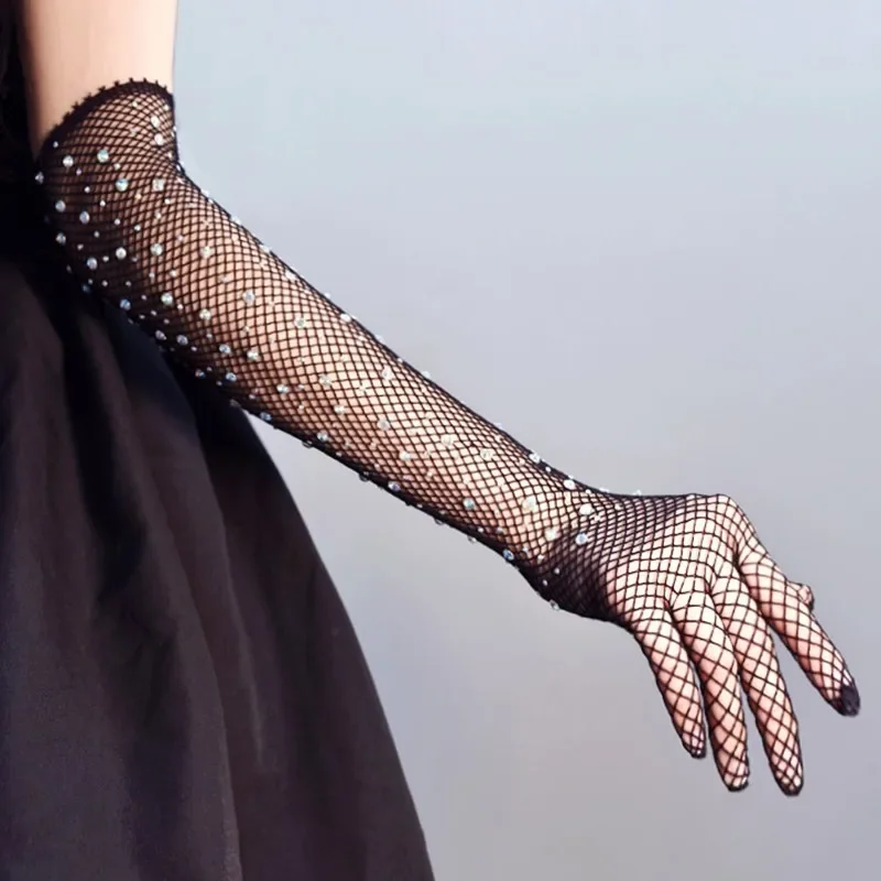 Women Sexy Fishnet Rhinestone Long Gloves Stretchy Flash Diamond Full Finger Ultra-Thin Mesh Gloves Exotic Party Costume Mittens