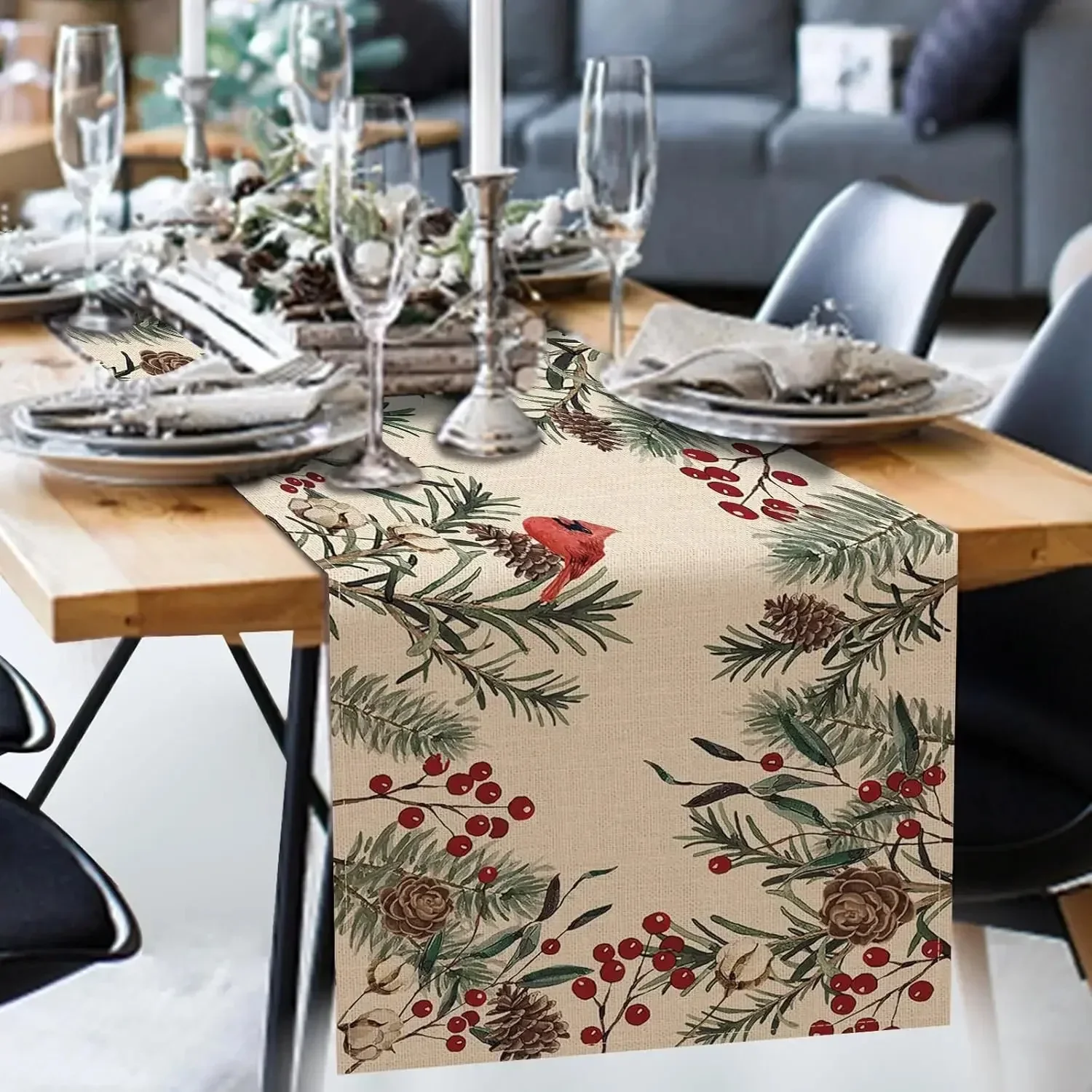 1pc Weihnachten Kiefer Nadel Zweige Leinen Tisch Läufer Winter Kardinal Rote Vögel Bauernhaus Küche Tisch Läufer Dekorationen
