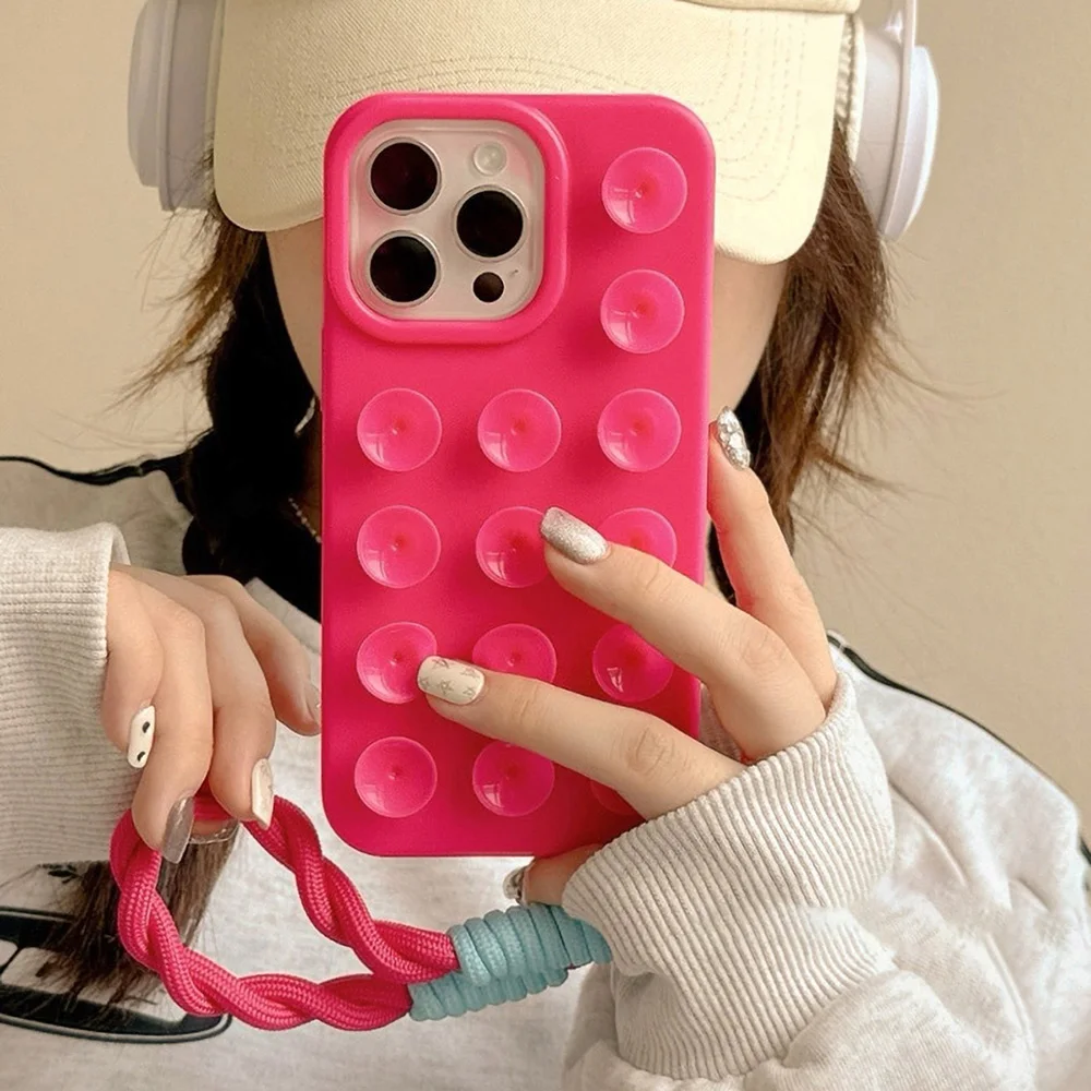 Phone Case For iPhone 13 15 16 17 Pro Max iPhone 14 11 12 13 Pro XR Luxury Suction Cup Candy With Wrist Strap Shockproof Cover view 4