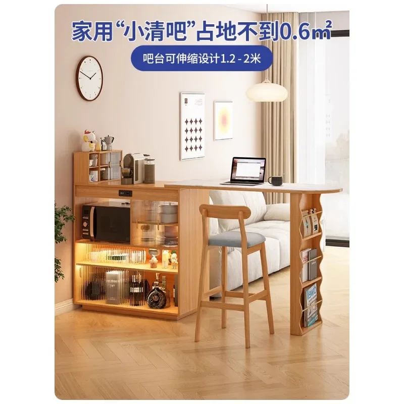 Bar counter and dining side cabinet are integrated, solid wood Japanese-style retractable folding dining table, narrow