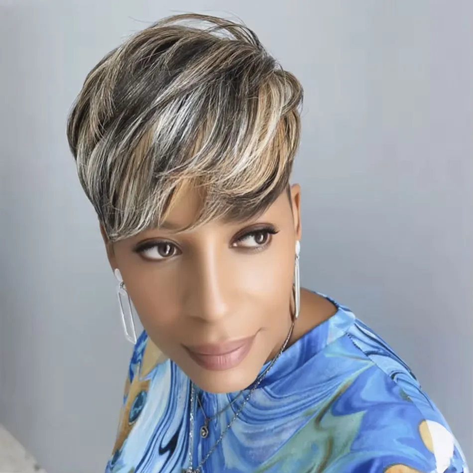 

Выделите короткий парик с стрижкой пикси для чернокожих женщин, цветные короткие многослойные парики пикси с челкой, человеческие волосы Remy, машинное производство