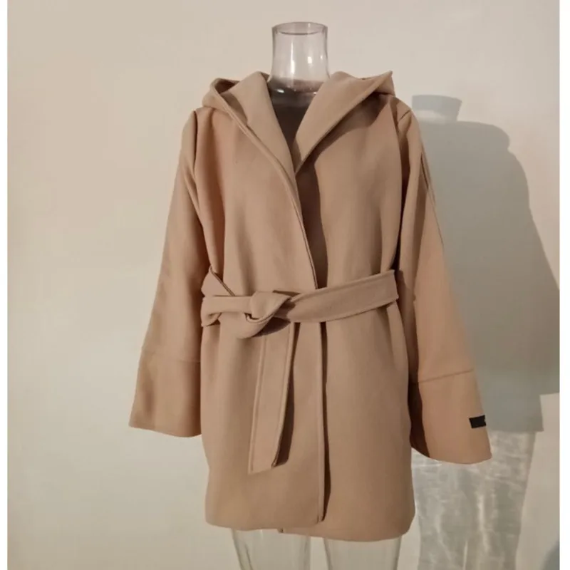 [EWQ] Elegant Women Faux Wool Coats Solid Cardigan Minimalist Hooded Woolen Coat Oversize Outwear With Belt 2024 autumn Winter