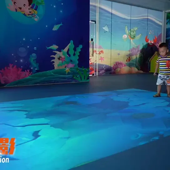 Holographic interactive planar projection makes kids smile at customers and visitors with interactive projector