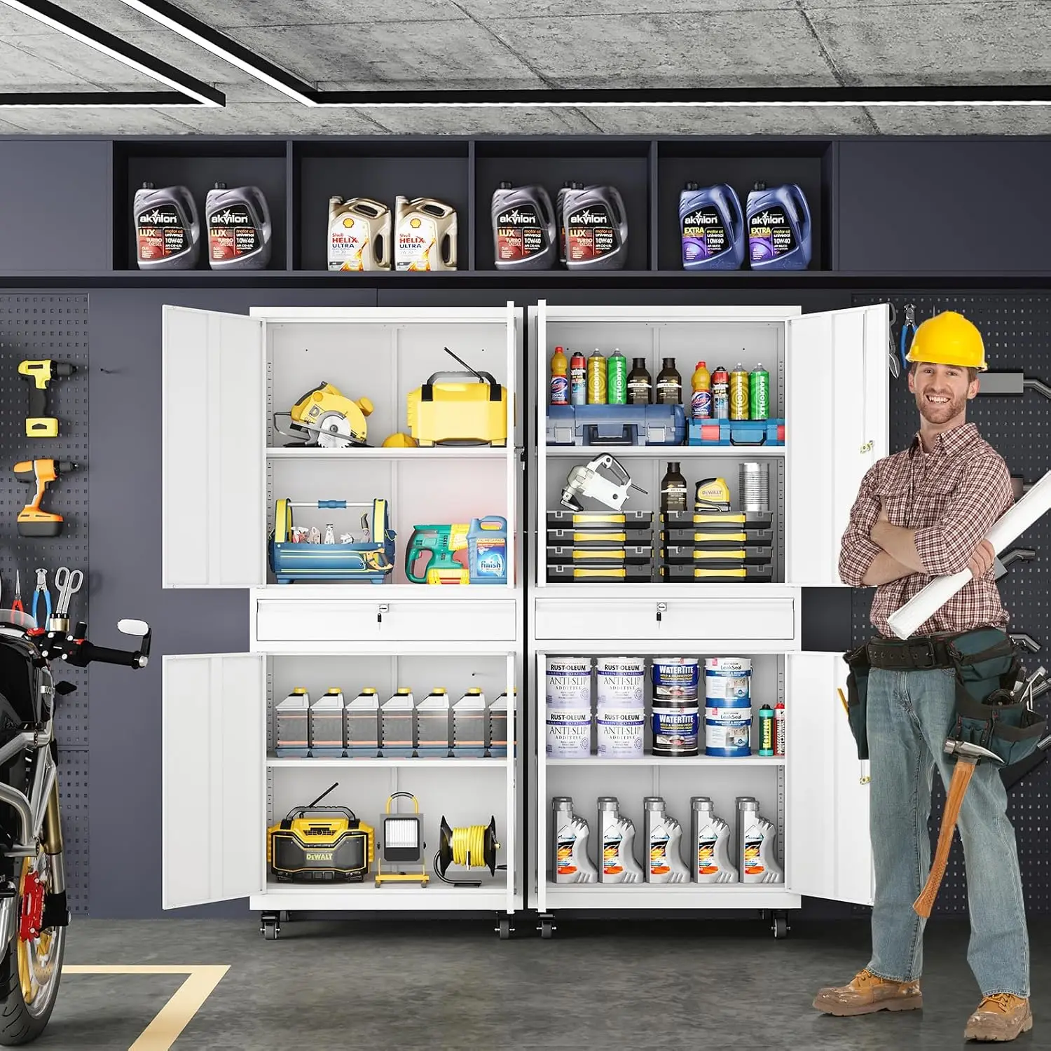 

Metal Garage Storage Cabinet with Locking Doors and Adjustable Shelves, Rolling Tool Storage Cabinet with 4 Wheels and 1 Drawer