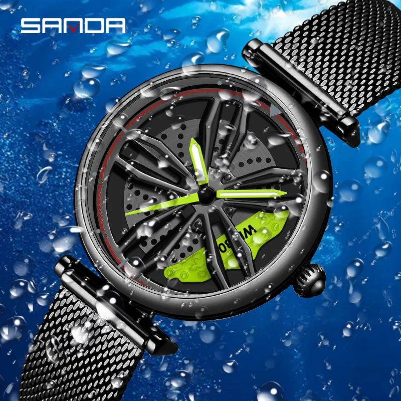 SANDA P1074 New Fashion Women Watches Sports Car Wheel Hub Waterproof Watch 360 Rotating Dial Stainless Lady Quartz Wristwatches