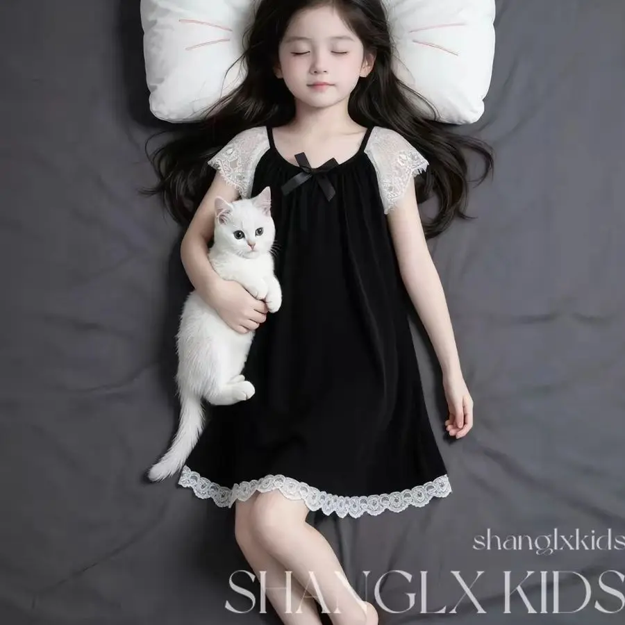 Girls Summer Modal Nightgown Lace Sleeveless Princess Night Dress Kids Bow Decor Home Dress Soft Children Sleepwear Pajamas