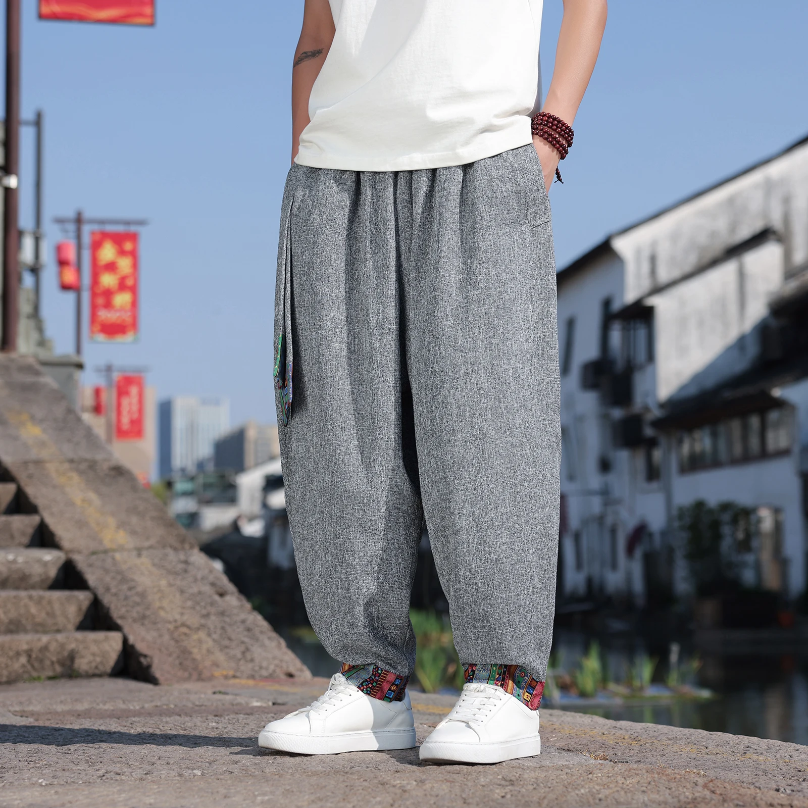 

Мужские брюки высокого качества, повседневные, дышащие, удобные, с эластичной талией, в японском самурайском стиле, винтажные, модные, свободные, шаровары для мужчин