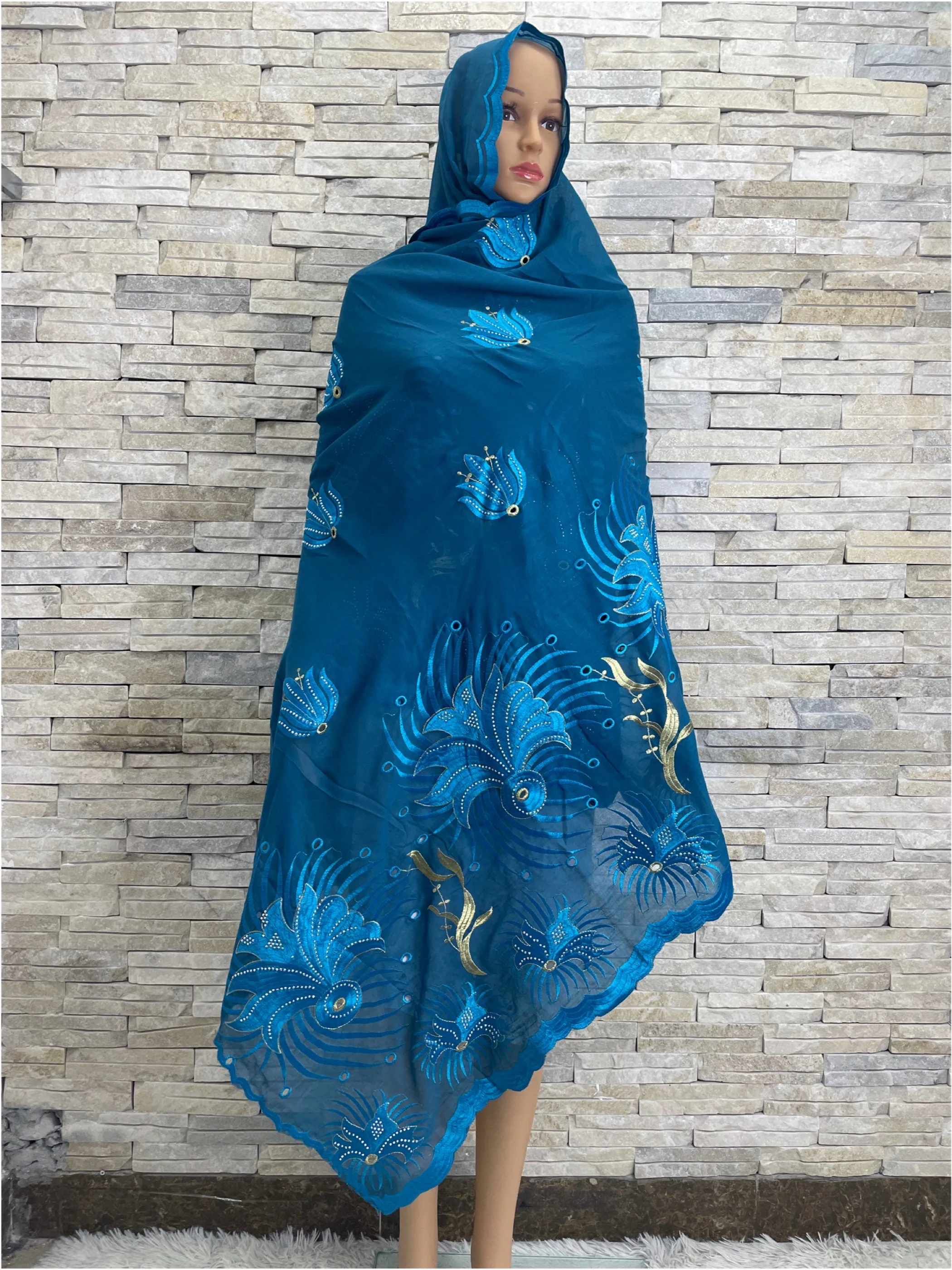 2023 New Dubai Scarf Muslim Women African 100% Cotton Punching Hijab Islam Spring Pashmina Turban Headscarf Embroidery Shawls