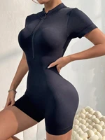Women's Solid Color Half Zip Ribbed Knit Short Sleeve Romper Sports Soft Slim Fit Mock Neck Jumpsuit Streetwear 2025 Summer - Image 6