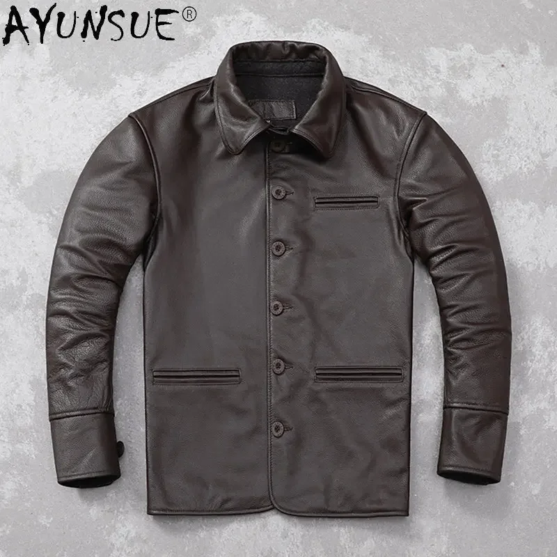 

AYUNSUE Genuine Cow Leather Coat Casual Brown Leather Jacket Men Autumn Leather Clothes Real Cowhide Jackets Jaqueta Masculina