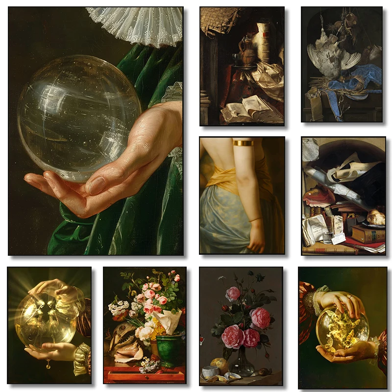 Dreamy Girl Hand Holding Crystal Ball Posters Floral Still Life Modern Prints Canvas Painting Wall Art Pictures Home Room Decor