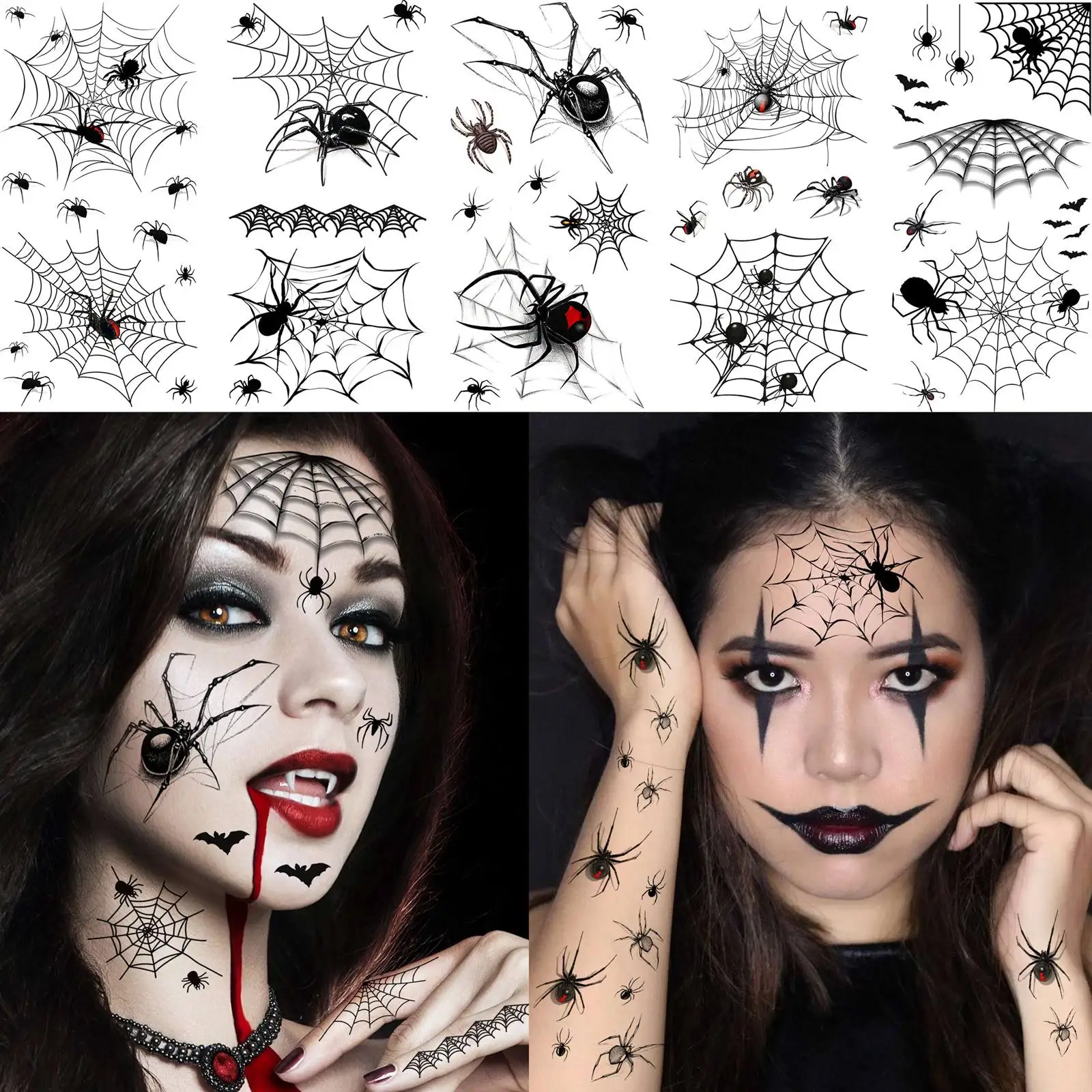 8 Sheets Horrible Realistic 3D Spiders Spiderweb Temporary Tattoos For Men Women Adults Halloween