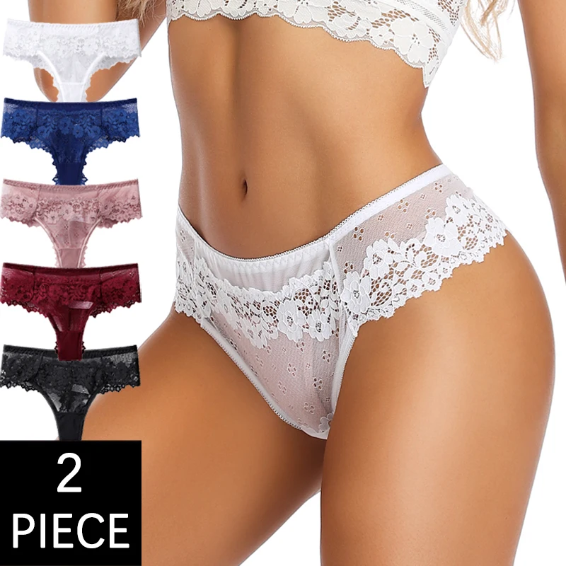 CINOON Women's 2Pcs Panties Sexy Temptation Lace Lingerie G String Intimates Underwear Thongs Ladies Low-Waist T-back Briefs