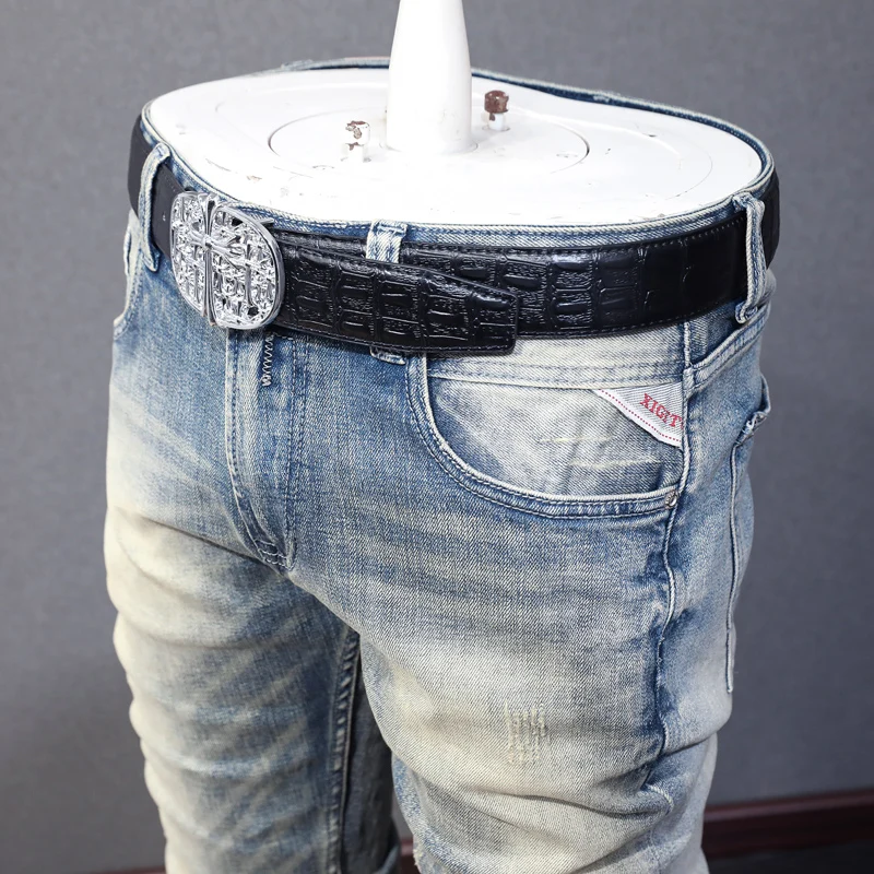 Newly Designer Fashion Men Jeans Retro Light Blue Plain Washed Elastic Slim Fit Ripped Jeans Men Vintage Denim Pants Hombre