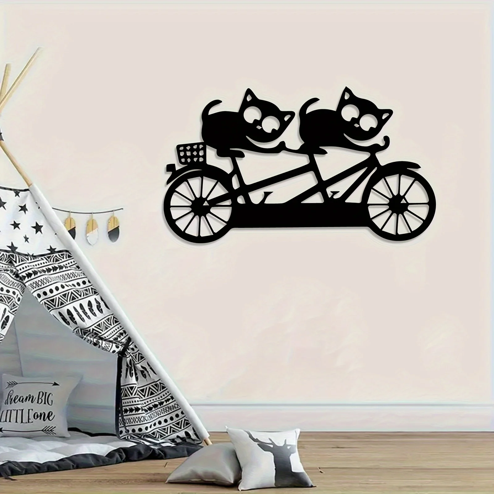 CIFBUY 2D Iron Cats Riding Bicycle Wall Sign, Cartoon Cat Tandem Bike Metal Wall Art, Home Wall Ornament