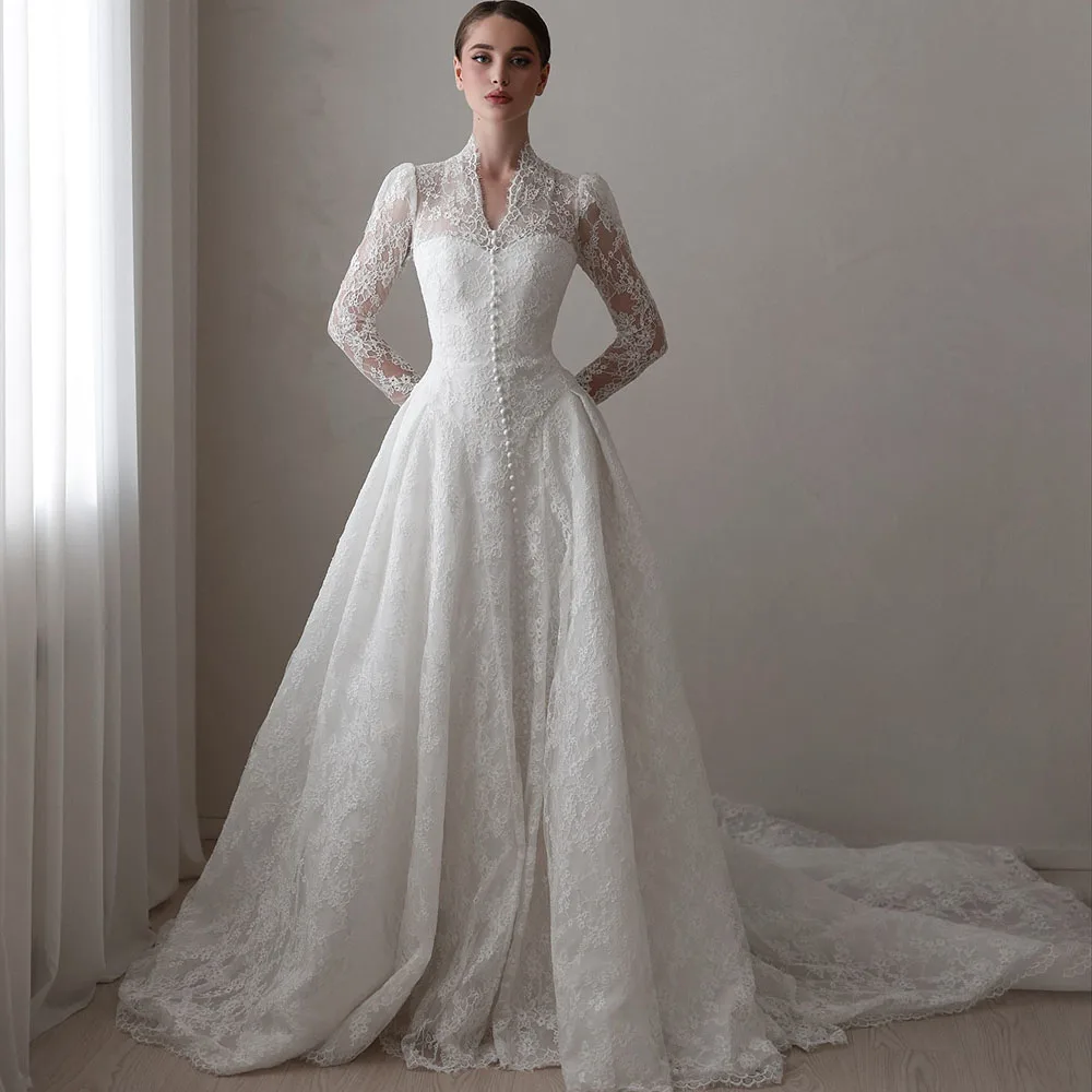 

Elegant Weddings Dresses with High Collar Long Sleeves A Line Sweep Train Brides Dress for Women Church Bridal Gown Customized