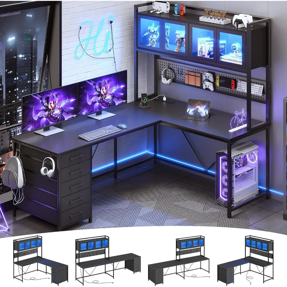 

L Shaped Gaming Desk with Drawers,Hutch and Storage Shelves,with Pegboard, Led Lights,Power Outlet,Home Office Desk,Corner Desk