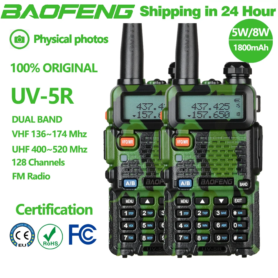 2Pcs Baofeng 5W/8W Original BFUV5R Walkie Talkie Dual Band 136-174Mhz 400-520Mhz Portable Two Way Radio Pofung HF Transceiver