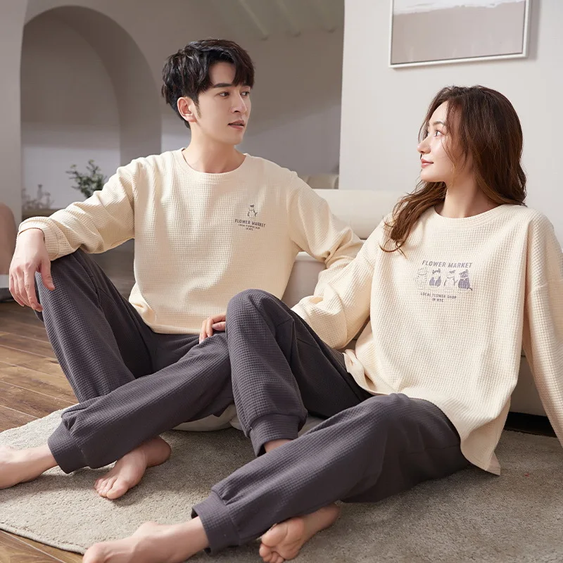 

Cotton Couples Korean Fashion Pajamas Set For Women Men Pijamas Set Long Sleepwear Female Home Suit Male Pjs Nightwear Drop Ship