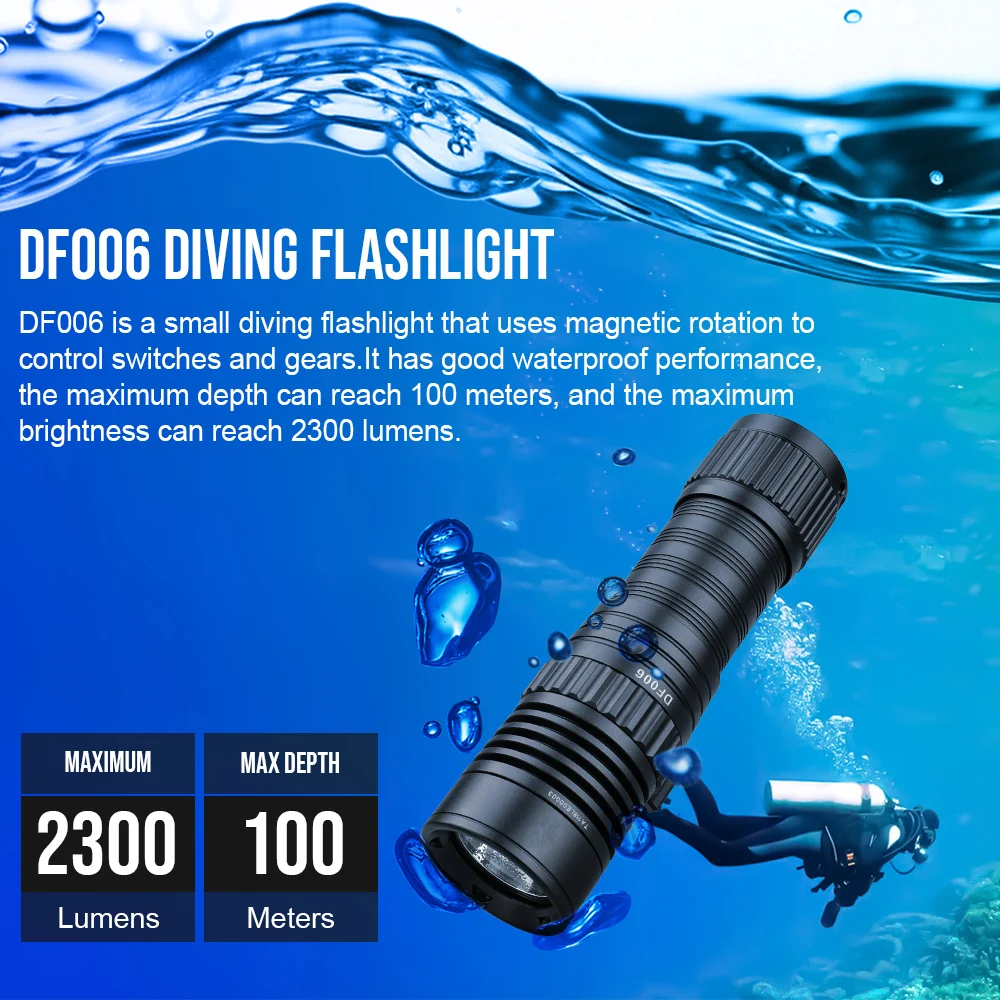 

Trustfire DF006 Super bright Diving Flashlight IP68 Waterproof Professional diving light Powered by 26650 battery With hand rope