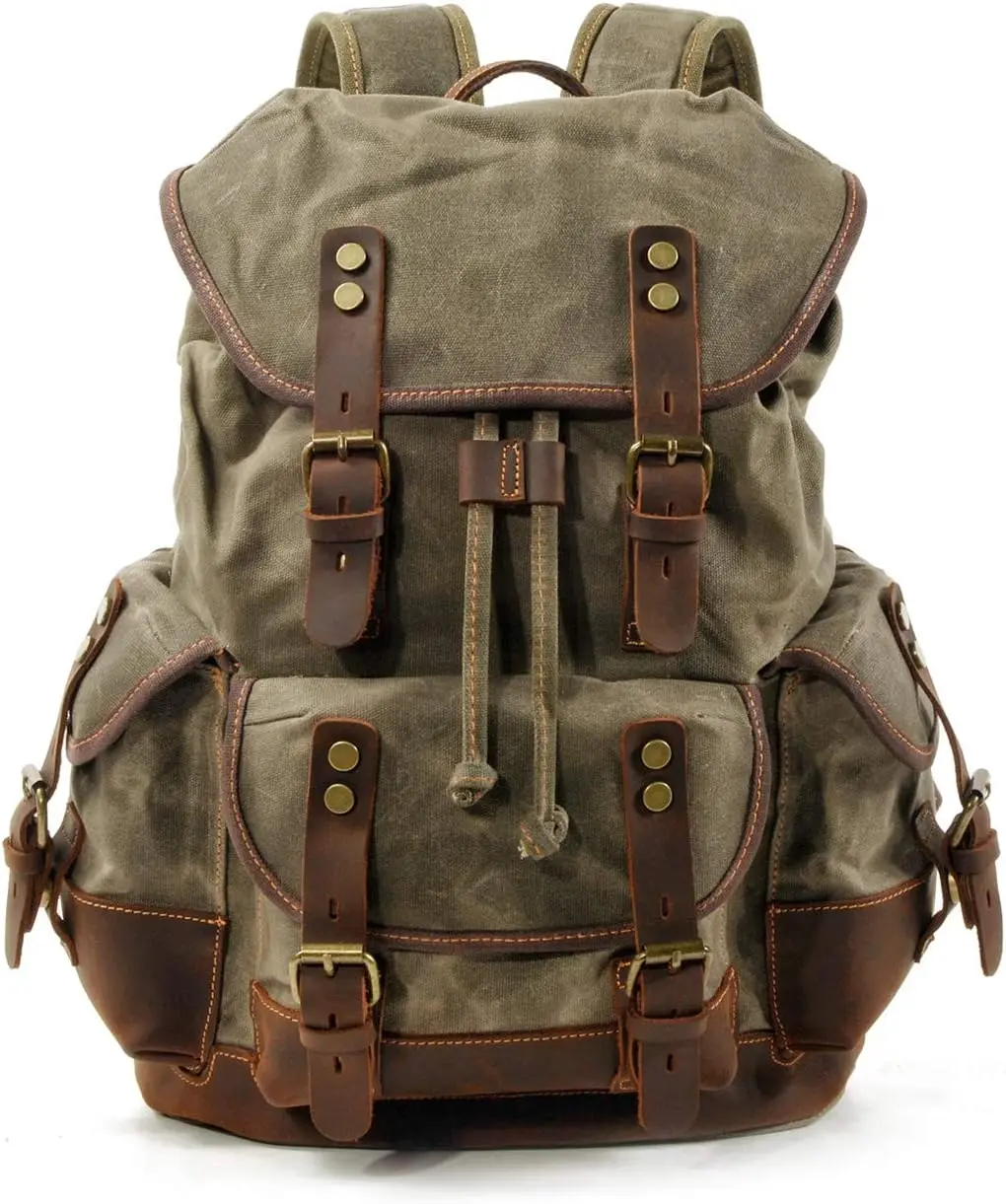 

Men's Travel Backpack, Genuine Leather Waxed Canvas Shoulder Hiking Rucksack for Outdoor Adventures