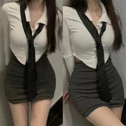 Design Chic Ins Korean Version Autumn Sexy Sweet Pure Desire White Tie Shirt Women's Slim Spicy Girl Crop Top Long Sleeve Blouse