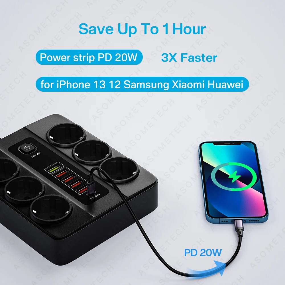 3000W 6 AC Outlets Power Strip 6 USB Charging Station Extension Cord 2M PD 20W QC3.0 USB Port Multi Outlet Charger Power Socket