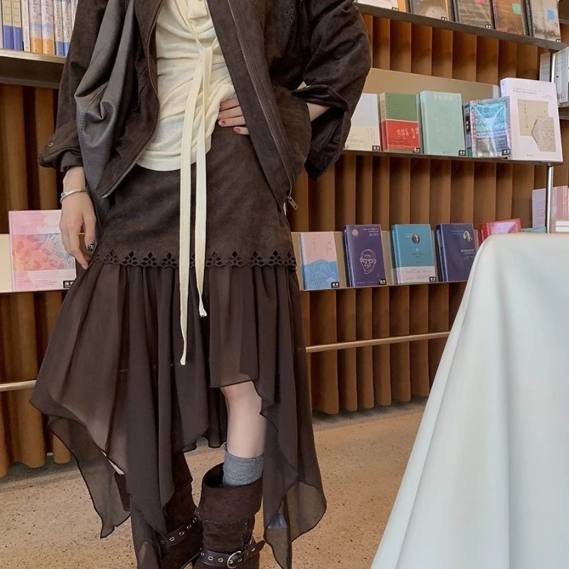 

Винтажные коричневые сетчатые юбки Deeptown, женские асимметричные юбки средней длины Harajuku Y2k, уличная одежда в японском стиле, длинные юбки, эстетика