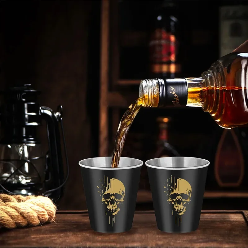 2pcs/set 70ml/2.39oz Aluminum Shot Glasses Gothic Skull Head Pattern Outdoor Hunting Liquor Cups Bar Accessory Wedding Gift Set