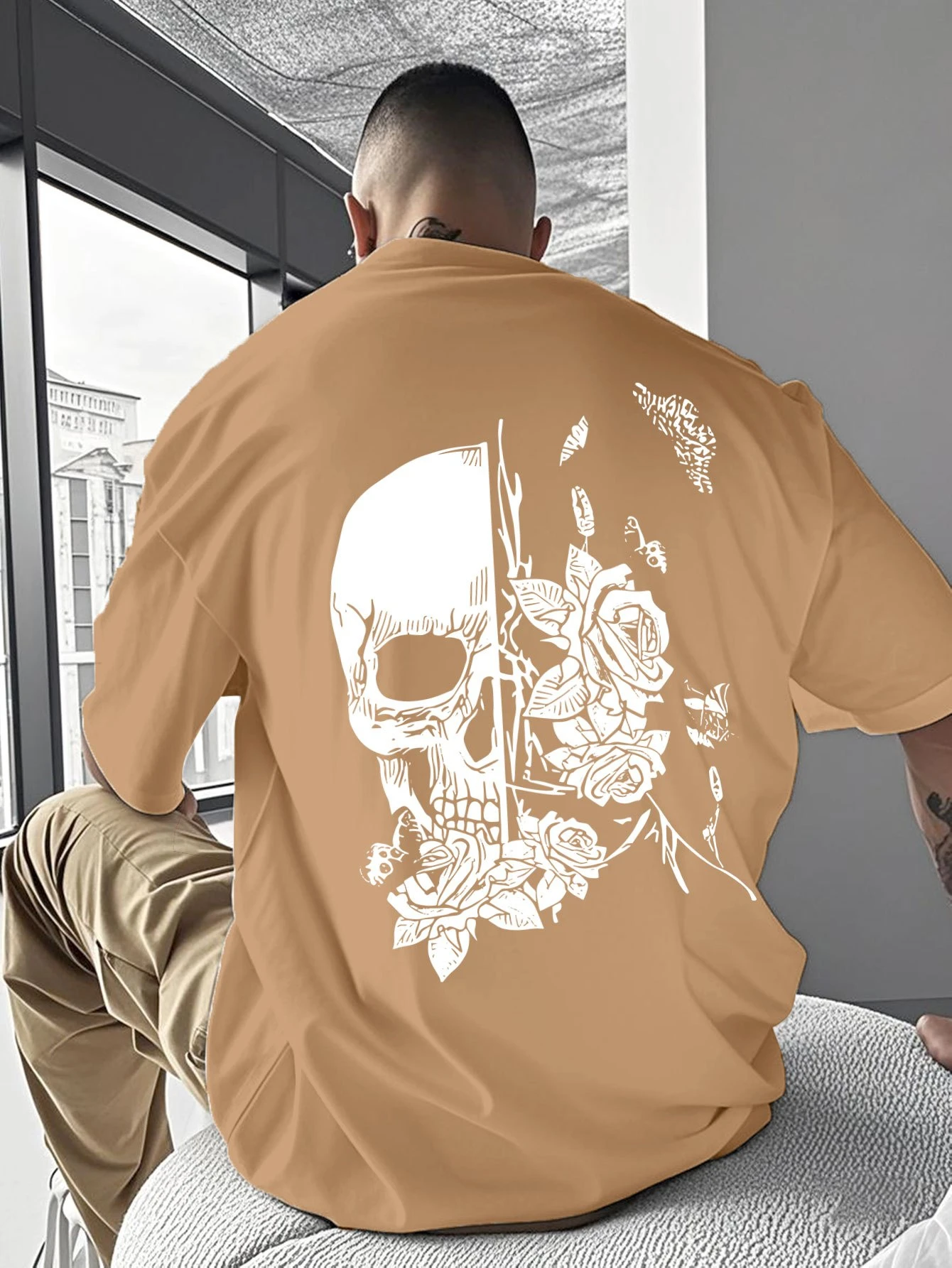 

Men's Trendy Brand Hip-hop Skull and Rose Element Graffiti Short-sleeved Summer T-shirt Pure Cotton Loose Round-neck Shortsleeve