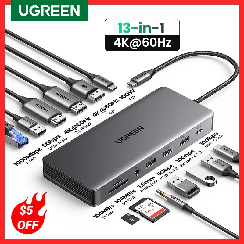 UGREEN USB C Docking Station 13 in 1 4K Triple Display Dual HDMI 10Gbps USB C HUB 100W PD SD/TF for MacBook Pro Air Dell XPS