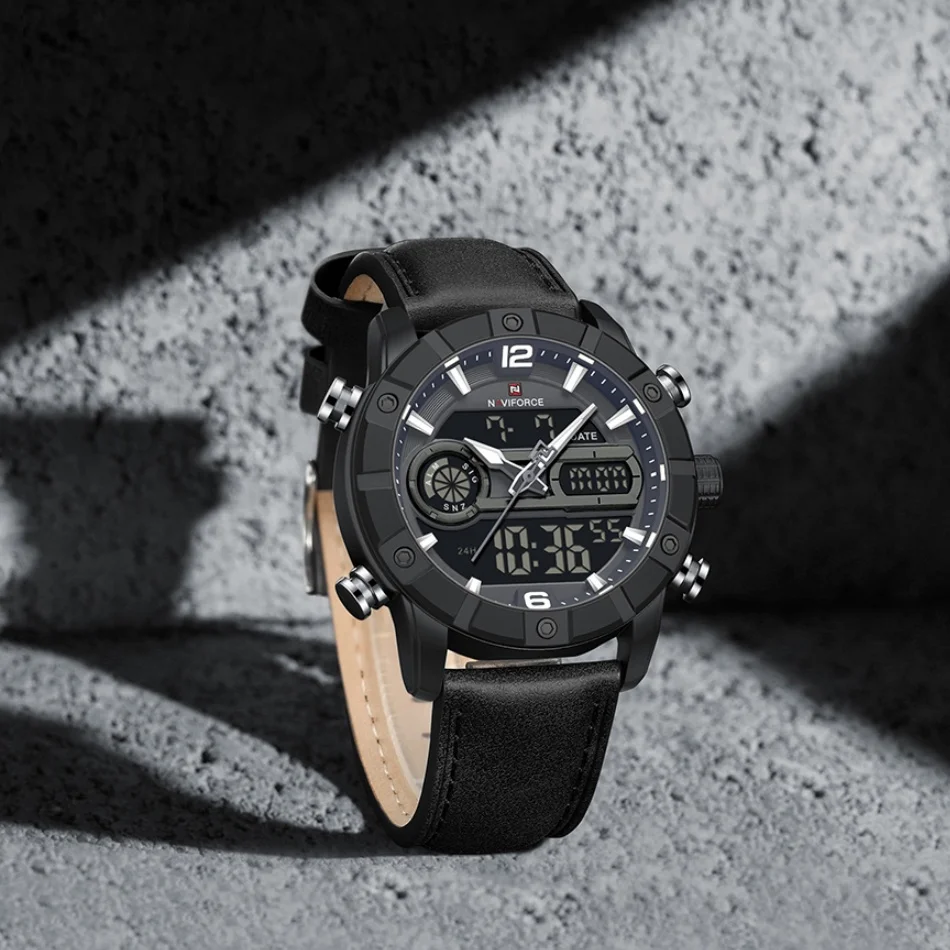 ナビフォース-メンズ-デュアルディスプレイ-ナイトライト-レザー-3atm-防水-多機能-タイマー腕時計-スポーツ男性用腕時計-2025