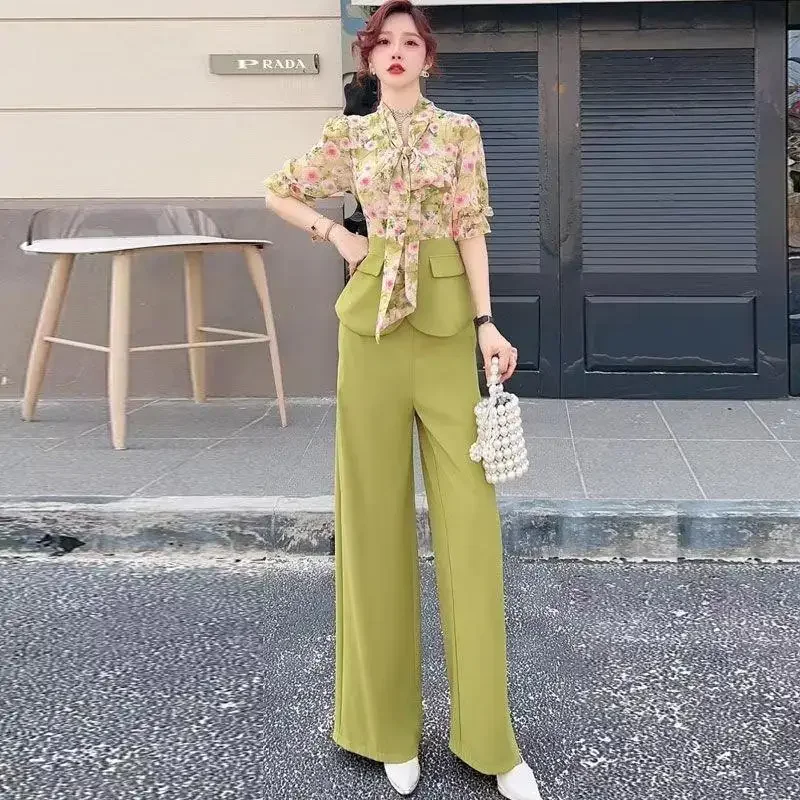 Lace Up Splicing Printing Women\'s Pants Two Piece Set Summer 2024 Green Wide Leg Ladies Trouser Xxl Clothing Sales Classy Luxury