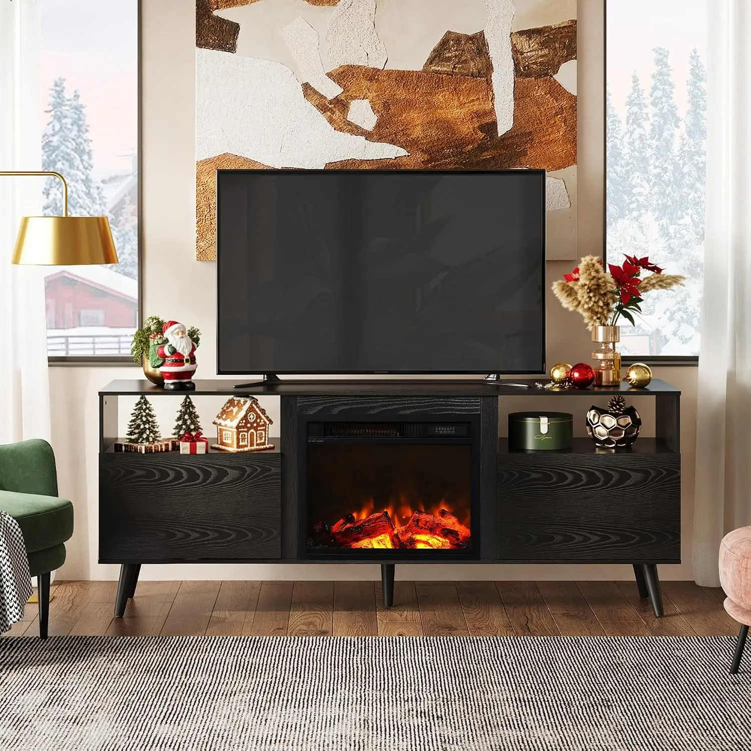 Fireplace TV Stand for 55 65 Inch TV, Mid-Century Entertainment Center with Electric Fireplace Open Shelf & Storage Cabinets for