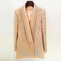 Plus Size Pearls Beading Blazer Dress Women Autumn Winter Shawl Collar Slim Long Blazer Suit Black Beige